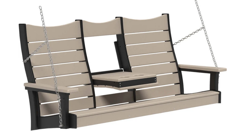A three-seat hanging porch swing bench with beige slatted panels and black frame, suspended by metal chains against a white background.