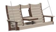 A three-seat hanging porch swing bench with beige slatted panels and brown armrests and frame, suspended by silver chains against a white background.