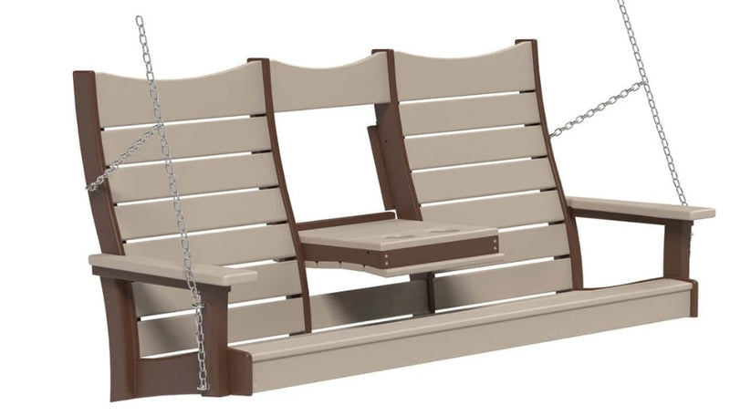 A three-seat hanging porch swing bench with beige slatted panels and brown armrests and frame, suspended by silver chains against a white background.
