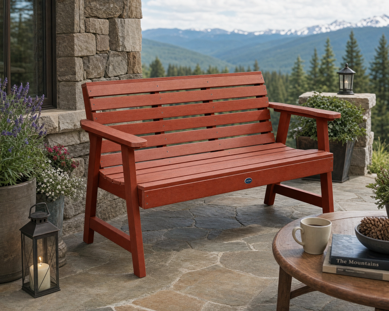 Sequoia 5' garden bench on a stone patio in the mountains.