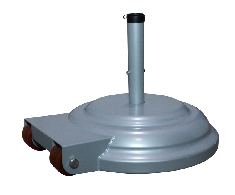 Silver aluminum umbrella base with wheels