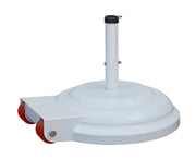 White aluminum umbrella base with wheels on a white background  