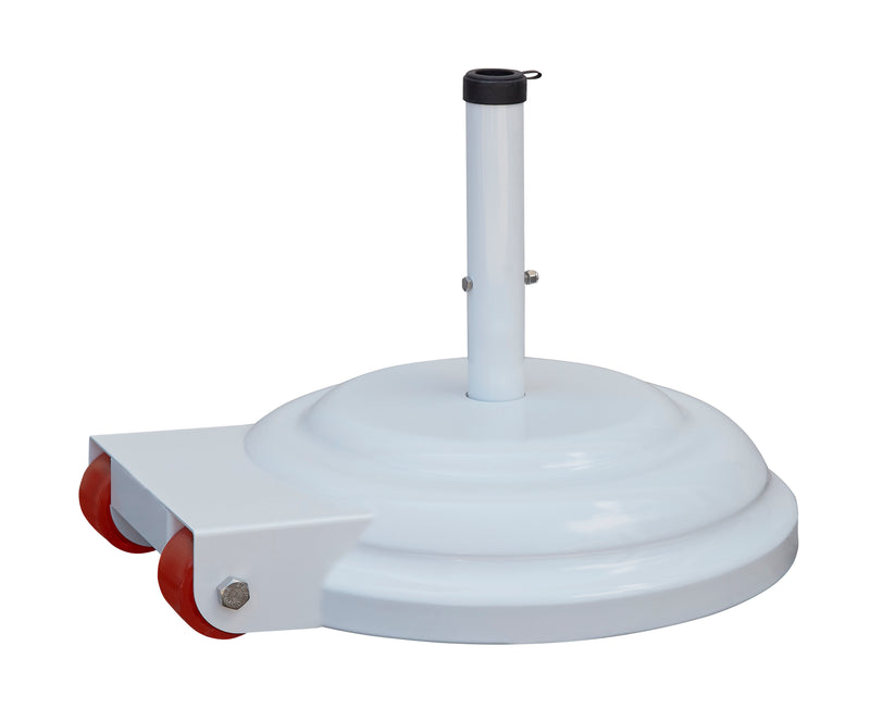 White aluminum umbrella base with wheels on a white background  