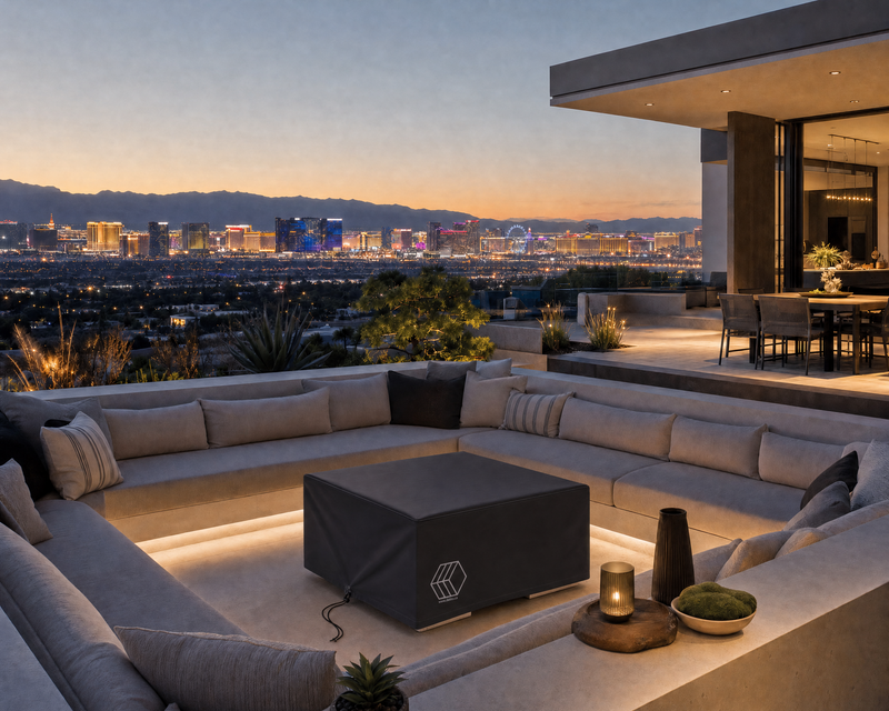 HPC Vinyl cover on the Alea 40 inch fire pit on an elevated patio with views of the Las Vegas strip.  