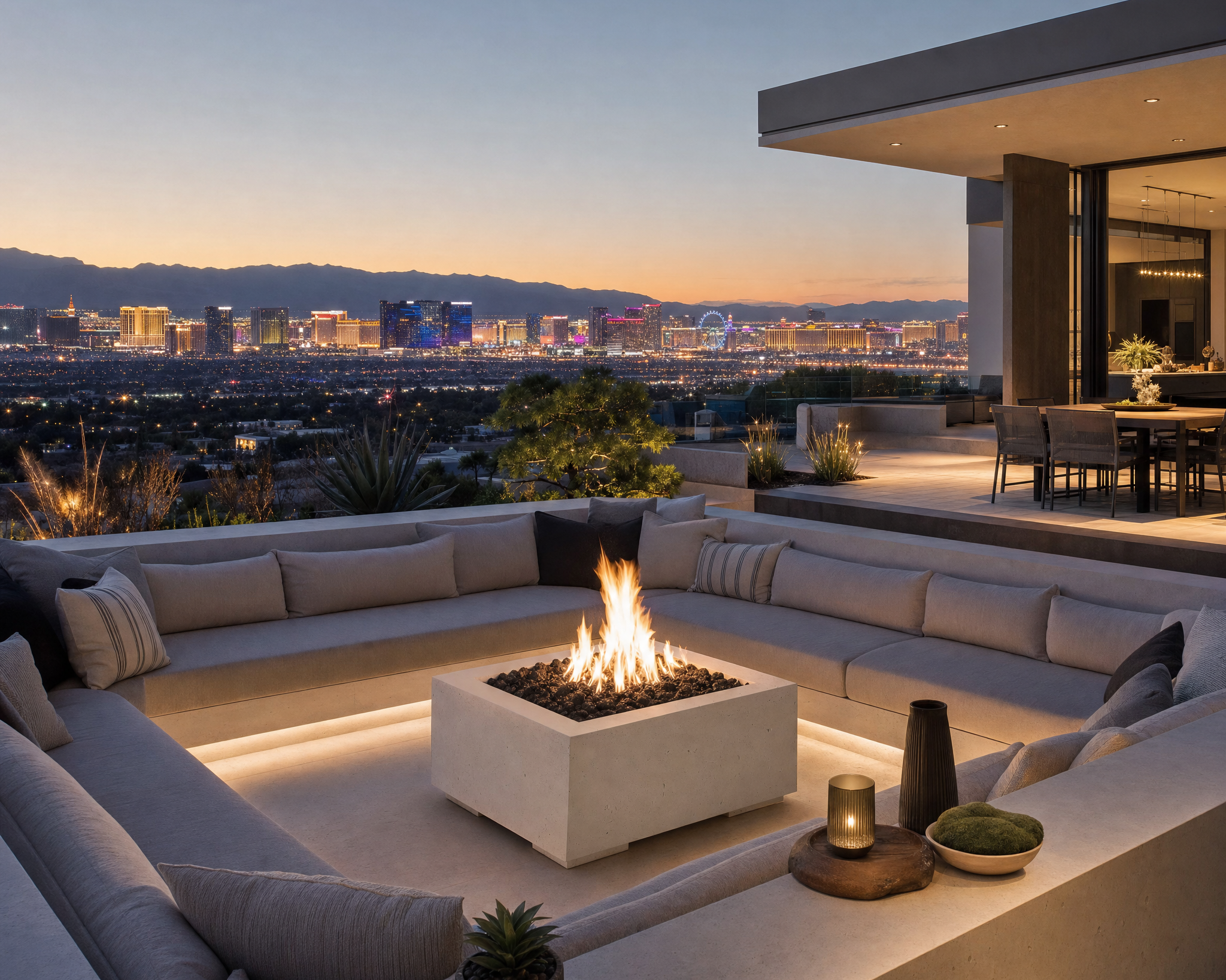 HPC Alea 40" lightweight concrete and limestone fire pit with black lava rock on an elevated patio is in the desert with views of the Vegas strip in the distance.  