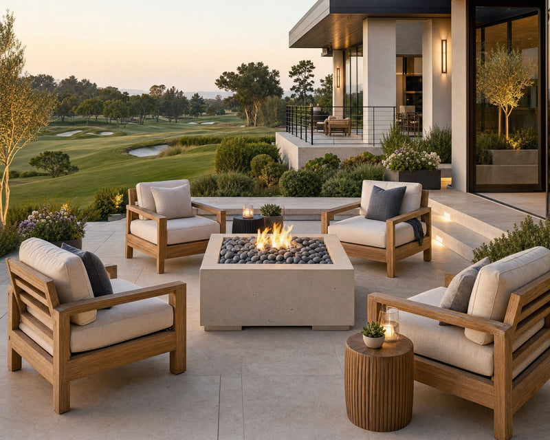The Alea 32 inch clay concrete fire pit with slate beach stone on a stone patio.  The fire pit in centered amongst 4 teak chairs and surrounded by lush plants, trees and views of a golf course.  