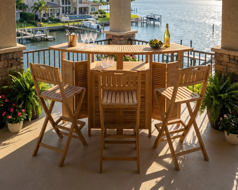 A wooden outdoor bar-height dining set on a covered patio overlooking water, with a slatted table and three matching folding chairs. The set is styled with a bottle, glasses, and fruit, with potted plants and docked boats visible in the background.