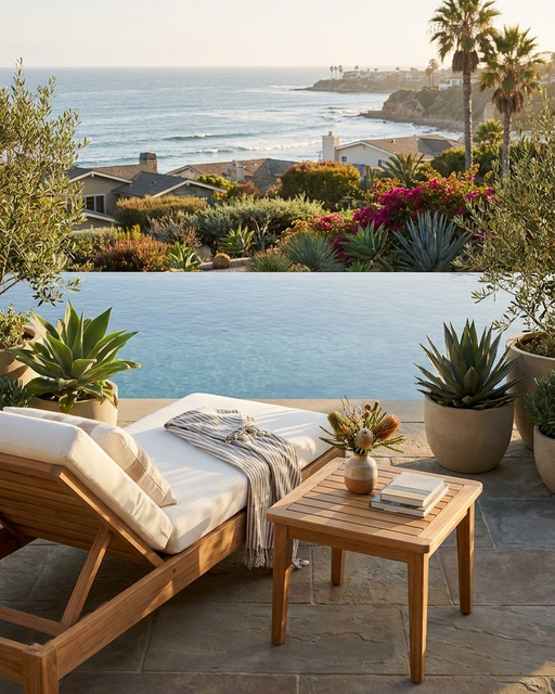 A wooden outdoor lounge chair with white cushions sits on a stone patio beside a small wooden side table, overlooking a pool and a scenic coastal landscape with ocean, palm trees, and houses.
