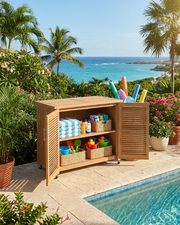 Anderson Teak Amberly Storage Cabinet set on a stone patio near a pool with ocean views.  