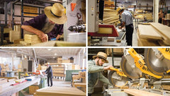 A four-panel collage showing workers in a woodworking workshop wearing straw hats and operating tables and miter saws, with wood stacks and workshop equipment visible throughout.