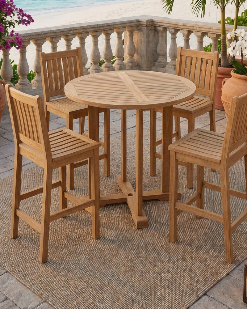 Anderson Teak Avalon Bar Chairs shown with the Bahama 39 inch Bar Table on a woven run on a stone patior near the beach.  