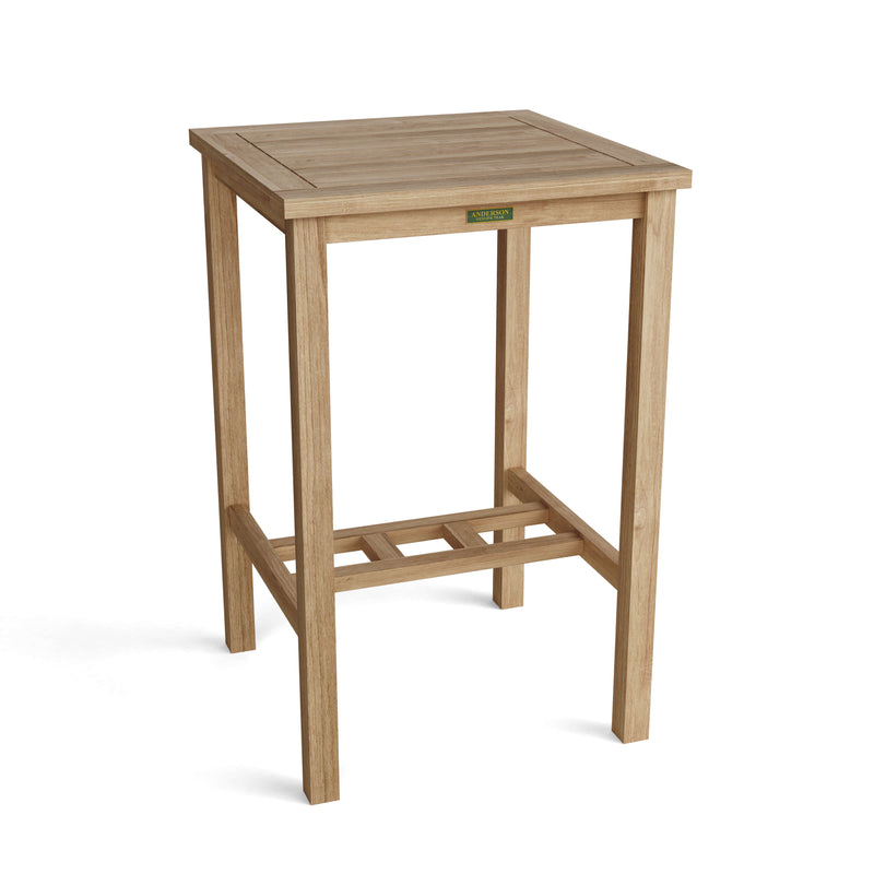 Anderson Teak Avalon square bar table on a white background. 