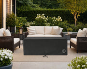 Avera vinyl cover on the fire pit on an outdoor patio seating area.  