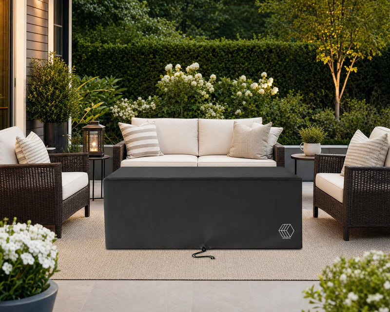Avera vinyl cover on the fire pit on an outdoor patio seating area.  
