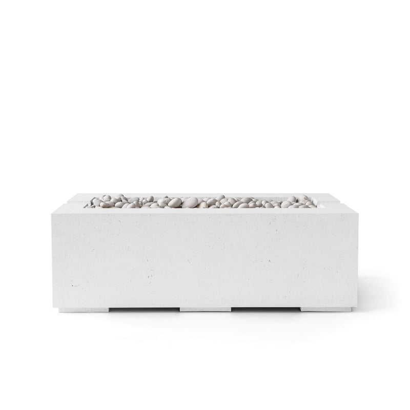 Avera 48-inch rectangular natural concrete fire pit with ivory beach stones on a white background.  