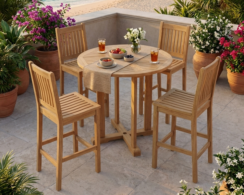 Anderson Teak Bahama 39 inch bar table with four Avalong Bar Chairs on a stone patio near the beach.  