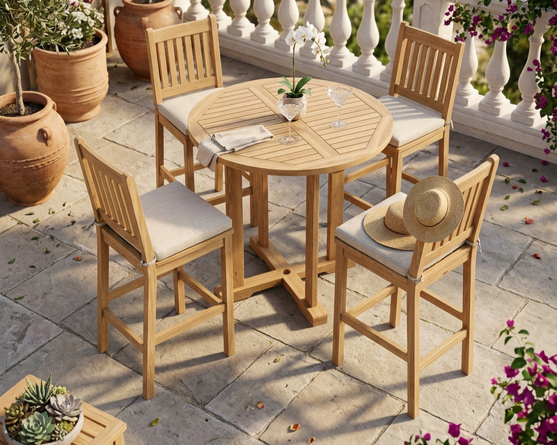 Anderson Teak Bahama 39 inch bar table with 4 Avalon Bar Chairs o n a stone patio.  