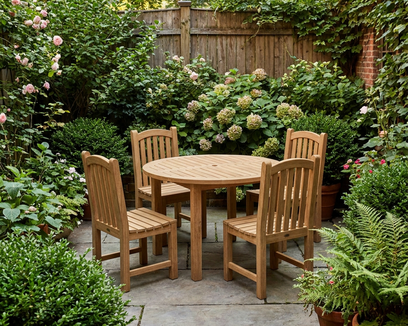 Anderson Teak Bahama 42 inch round table with four Chelsea Dinging Chairs on a stone patio in a private courtyard with shrubs and flowers.  