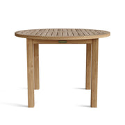 Anderson Teak 42 inch round table that shows the top detail and Anderson Teak tag on a white background.  