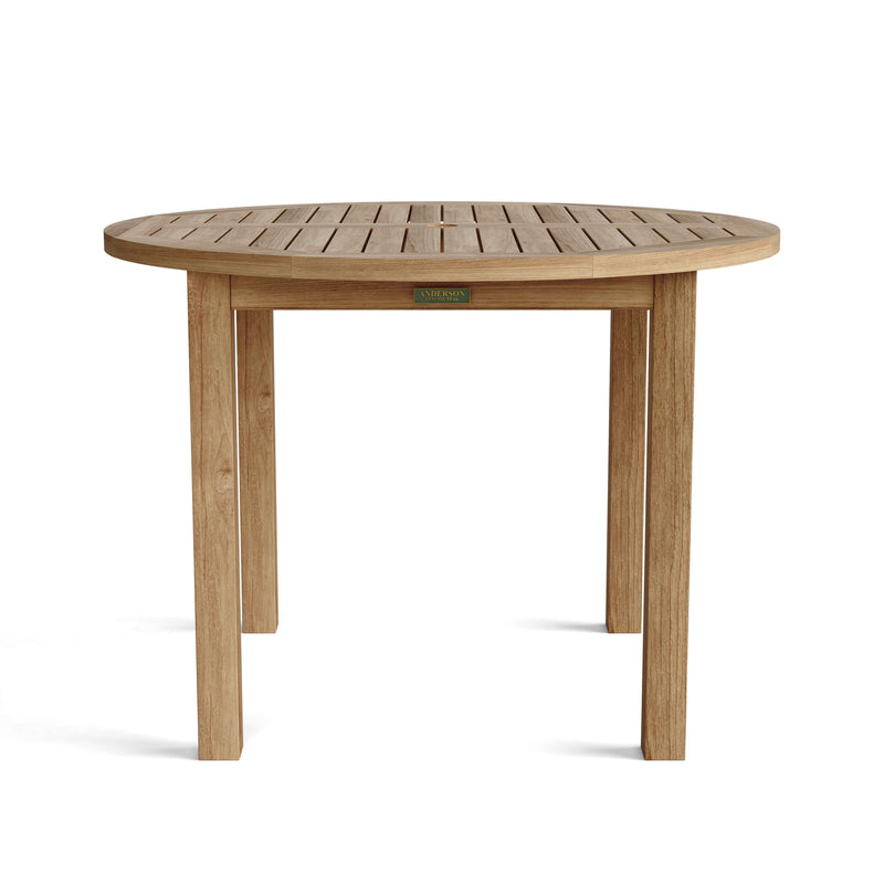 Anderson Teak 42 inch round table that shows the top detail and Anderson Teak tag on a white background.  