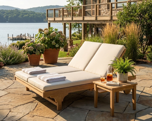 Bel-Air double sun lounger with natural cushions and towels resting on each chair.  Loungers are on a stone patio in front of a lake house with lake views.  