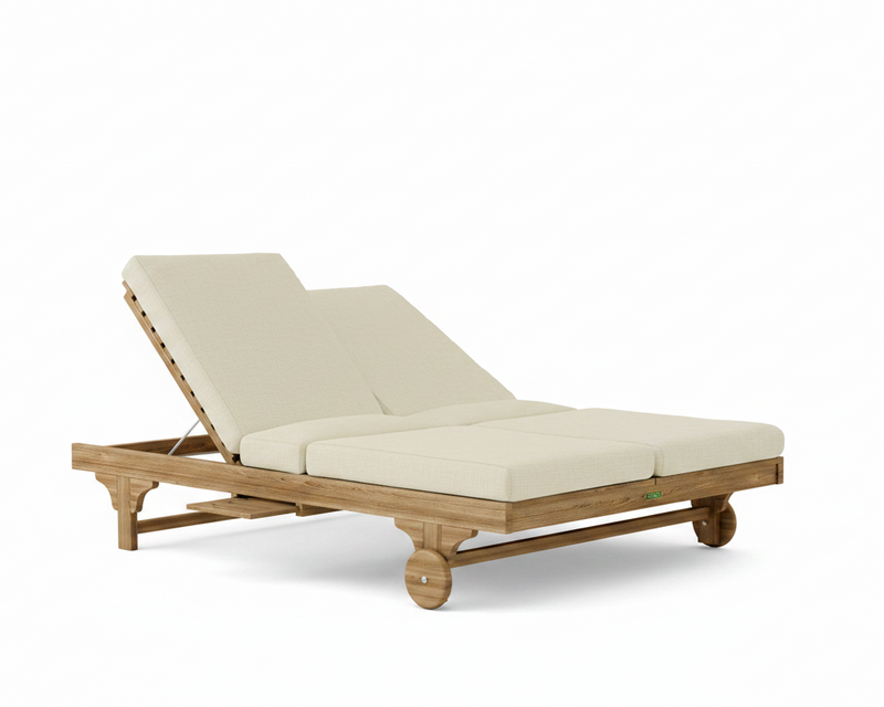 Bel air double sun lounger with linen canvas cushions on a white background.  