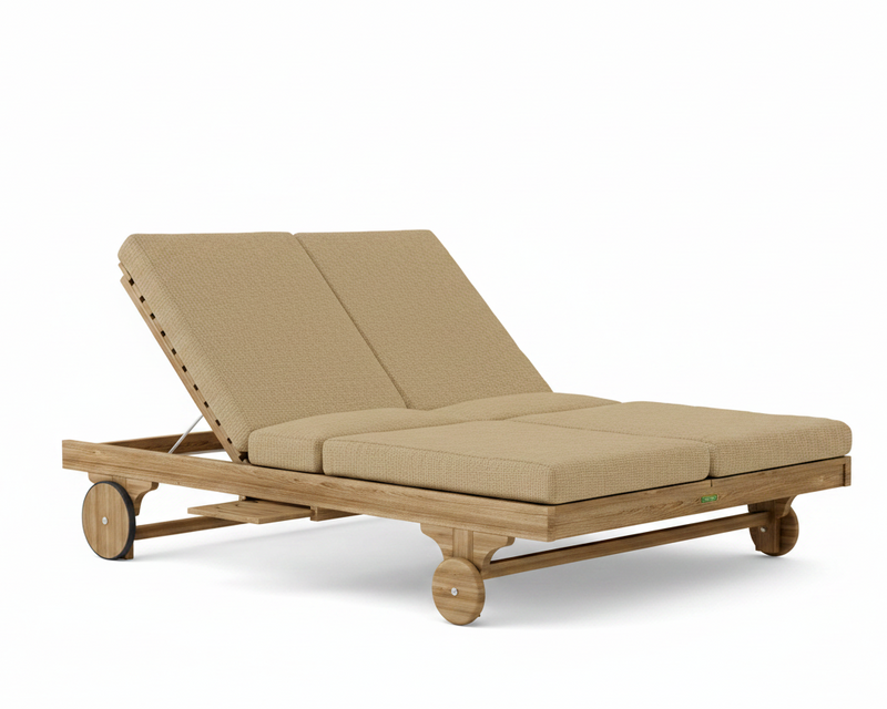 Bel air double sun lounger with linen sesame cushions on a white background.  