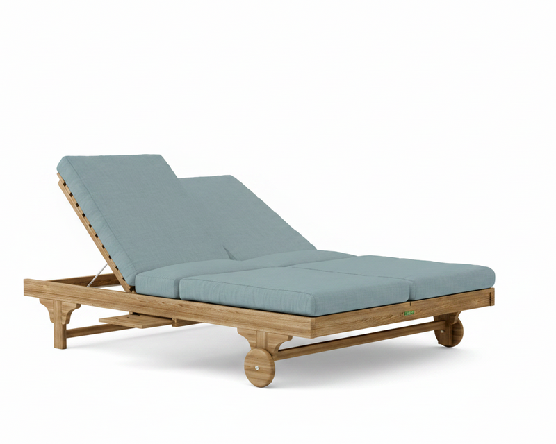 Bel air double sun louger with mineral blue cushions on a white background. 