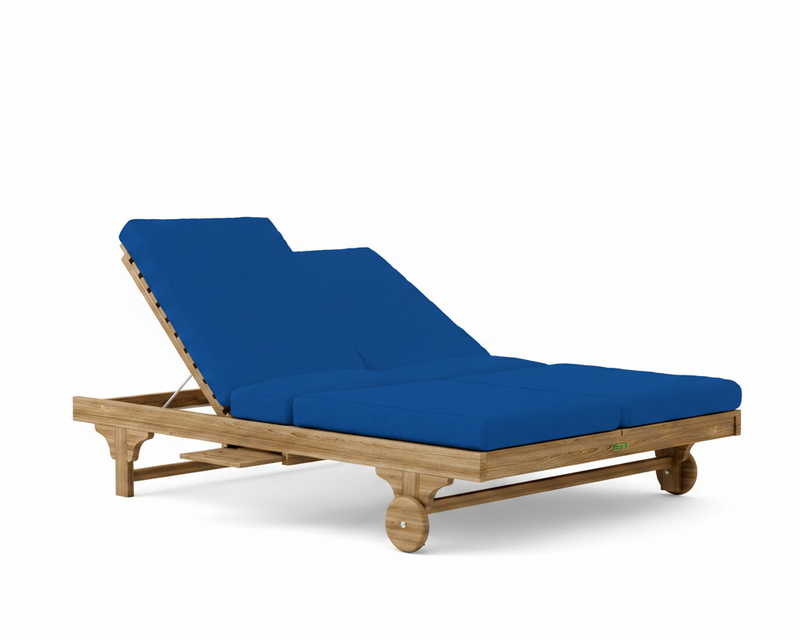 Bel air double sun lounger with pacific blue cushions on a white background.  