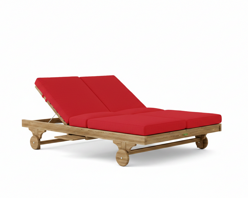Bel air double sun lounger with jockey red cushions on a white background.  