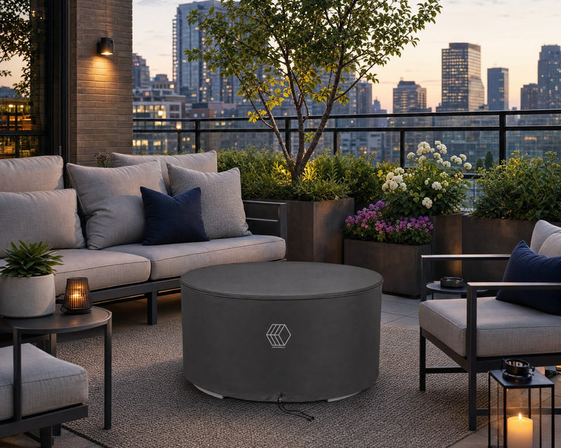 Belmont fire pit and cover on a stone patio seating area with views of the city.  The patio is decorated with potted plants and flowers.  