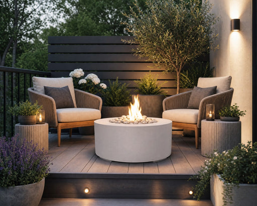 Belmont natural concrete fire pit with ivory beach stone placed on wooden patio in front of a small seating area that is decorated with potted plants and flowers.  