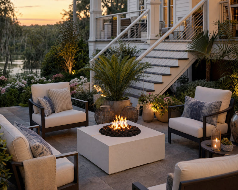 Bravo 32-inch natural concrete fire pit on a stone patio centered amongst a seating area with southern marsh views, lush plants and flowers.  