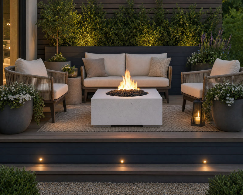 Bravo lightweight natural concrete fire pit with black lava rocks on an outdoor wooden patio.  The fire pit is centered amongst a small seating area that is surrounded by potted plants and flowers.  