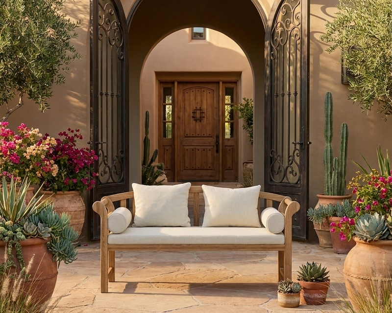 A wooden outdoor bench with cream cushions sits in a sunlit courtyard in front of an arched doorway, surrounded by potted plants, cacti, and terracotta pots.