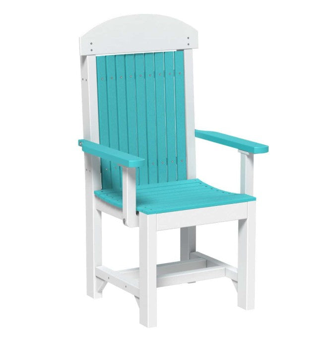 A white outdoor armchair with turquoise blue slatted backrest, seat, and armrests, shown on a plain white background.