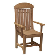 A single armchair with a tall slatted backrest, curved top rail, and armrests, shown on a plain white background.