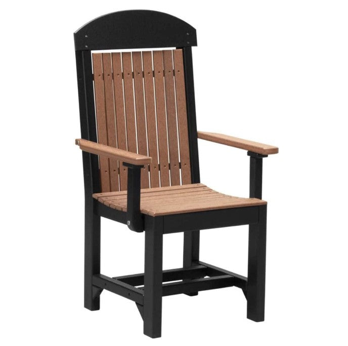 A classic outdoor armchair with a black frame and light brown slats on the seat and backrest, shown against a plain white background.