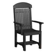 A black outdoor armchair with a curved backrest, vertical slats, and armrests, shown on a plain white background.