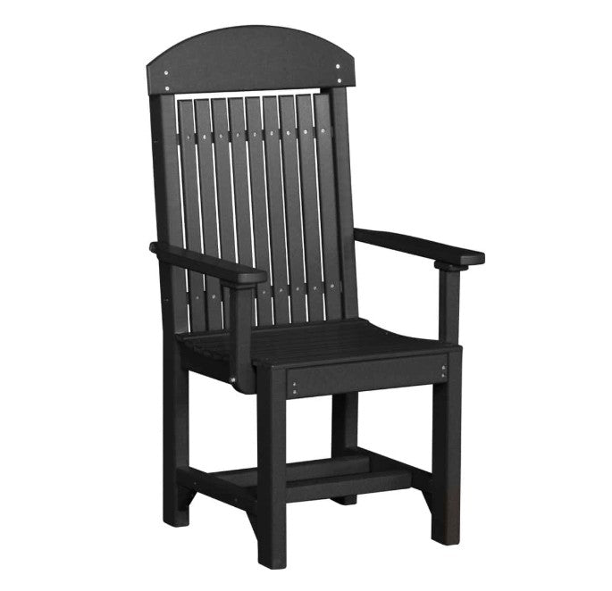 A black outdoor armchair with a curved backrest, vertical slats, and armrests, shown on a plain white background.