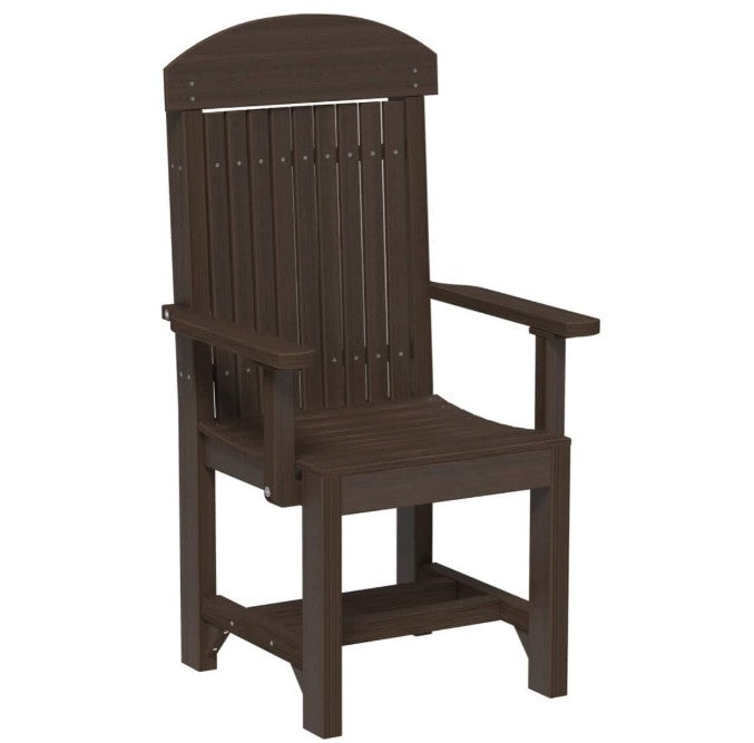 A dark brown outdoor Adirondack-style chair with a high slatted backrest, armrests, and a footrest, shown on a plain white background.