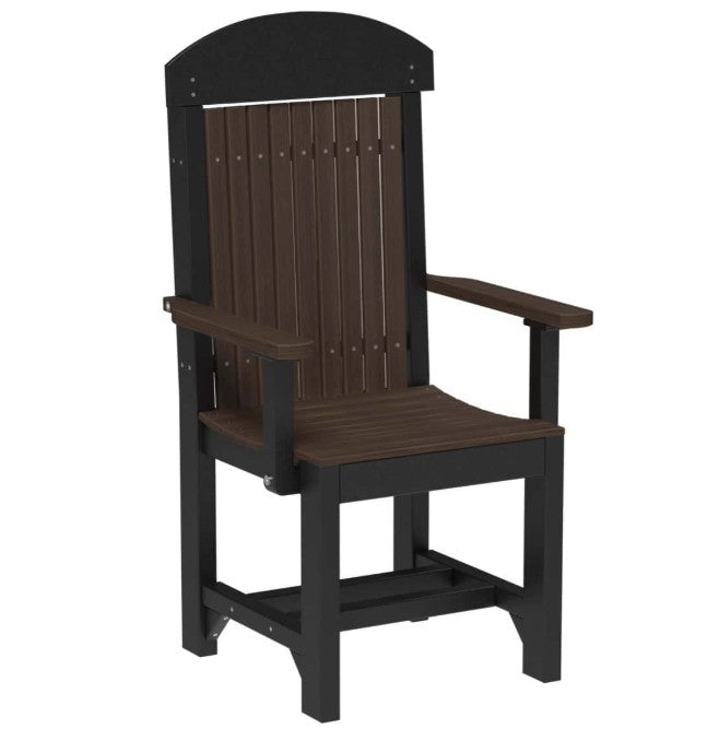 A dark brown and black outdoor armchair with a tall slatted backrest, armrests, and a footrest, shown against a plain white background.
