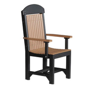A high-back outdoor armchair with a black frame and light brown slatted seat and backrest, shown on a plain white background.