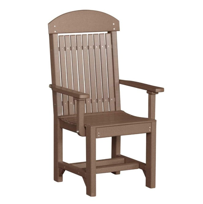 A brown outdoor armchair with a high slatted backrest, armrests, and a footrest, shown on a plain white background.