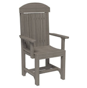 A gray slatted outdoor armchair with a high back, curved top, and wide armrests, shown on a plain white background.