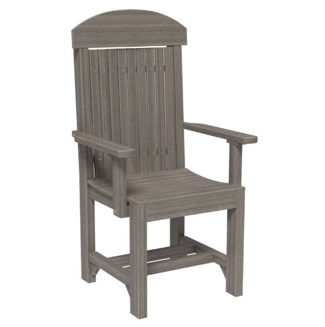 A gray slatted outdoor armchair with a high back, curved top, and wide armrests, shown on a plain white background.