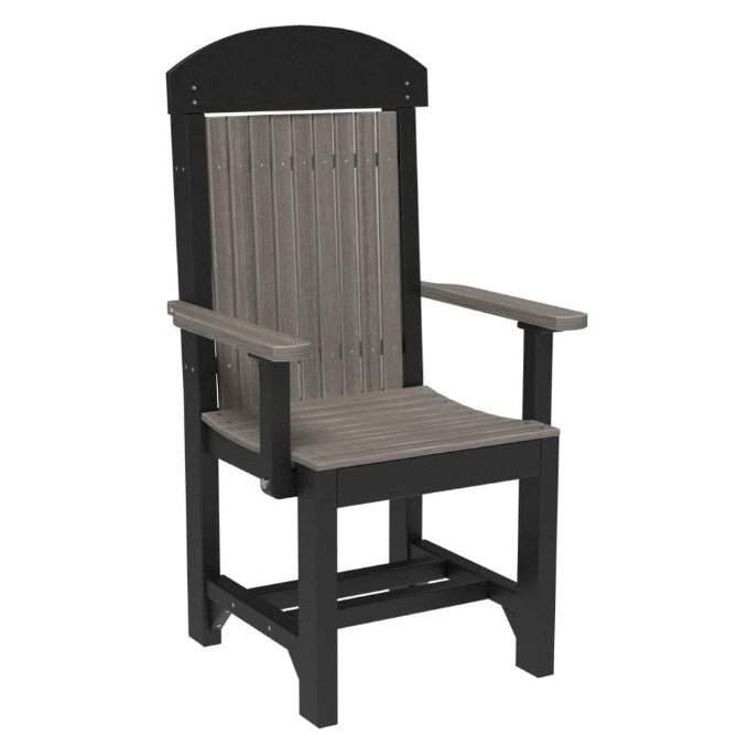 A high-back outdoor armchair with a dark charcoal frame and weathered gray slatted seat and backrest, shown on a plain white background.