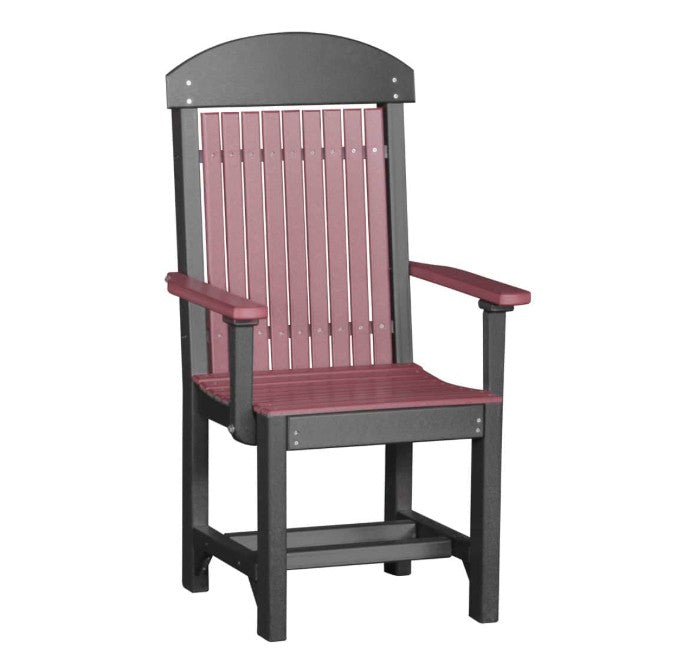 A high-back outdoor armchair with a dark charcoal gray frame and reddish slatted back, seat, and armrests, shown on a plain white background.