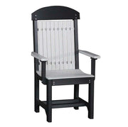 A high-back outdoor armchair with a black frame and light gray slatted seat and backrest, shown on a plain white background.