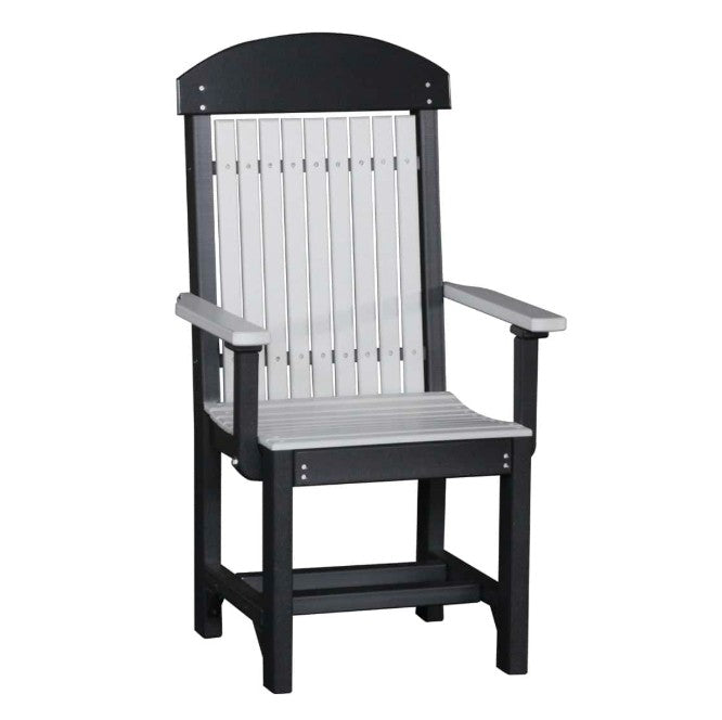 A high-back outdoor armchair with a black frame and light gray slatted seat and backrest, shown on a plain white background.